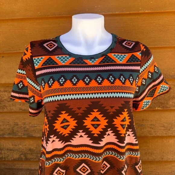 Lularoe Aztec Tribal Print Midi Dress Short Sleeve Made With Stretch Fabric Mult - Picture 5 of 9